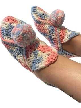 Handmade Crocheted Pom Pom Slippers in Pastel Pink Blue Cream, New
